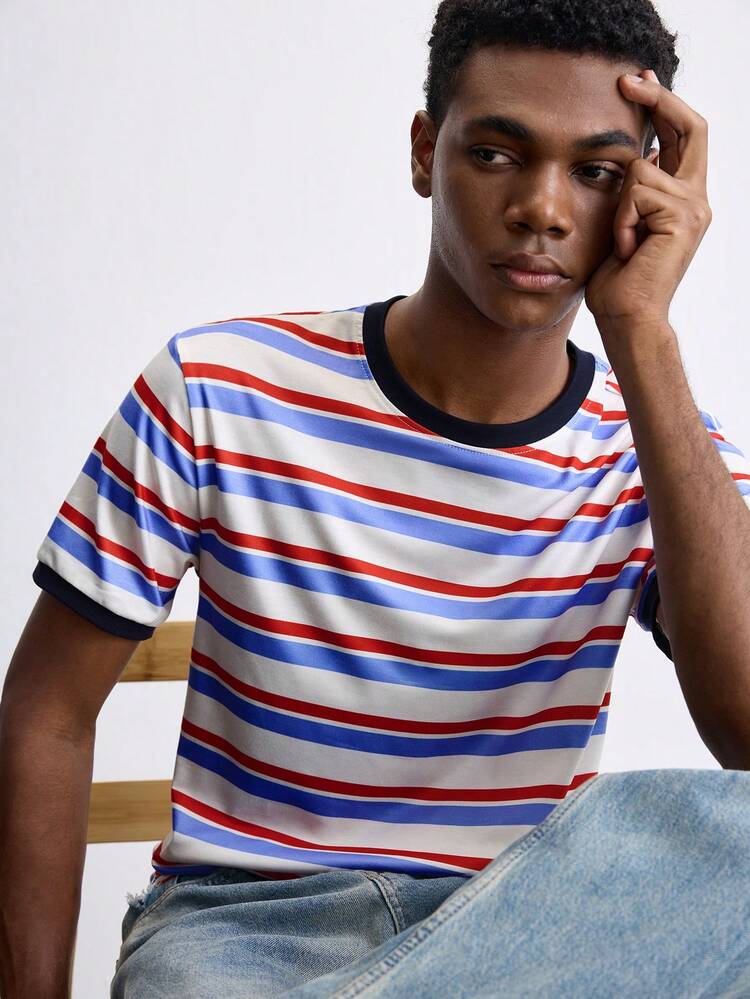 SHEIN Maija 2025 Summer New Colorblock Patchwork Round Neck Short Sleeve Striped Print T-Shirt For Men, Suitable For Beach, Music Festival, Independence Day, Business, Casual, Wedding Guest, Daily Wear