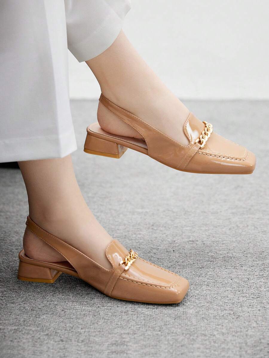 CUCCOO BIZCHIC 女士时尚链条带粗跟方头露跟浅口鞋，适合通勤、约会、派对、节日和度假 - 杏色 - 查看 1