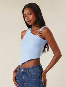 NYA SZN Top de satén pastel, asimétrico, con detalle dorado en el hombro, de punto básico, para salir, brunch, uso diario, casual, elegante y modesto para mujeres - Azul - Ver 5