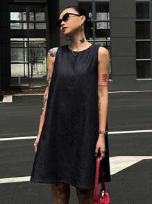 DAZY 深色水洗无袖宽松长款牛仔上衣，春夏 - 深色水洗藍 - 查看 6