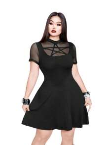 Whyspr Đầm tay ngắn họa tiết ngôi sao vá lưới phong cách Punk tối giản cổ tròn cỡ lớn cho nữ, thích hợp mặc hàng ngày, ngày độc lập, kỳ nghỉ, trở lại trường, ngày lễ - Nhiều màu - Xem 3