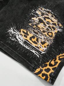 ROMWE MEN Street Life Men's Street Style Washed Leopard Patchwork Cargo Shorts With Double Waistband Design