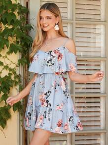 Amorya Floral Print Cold Shoulder Ruffle Hem Spring DressFall/Winter Women Clothes Back To School Modest Vintage Old Money Teacher Outfits For Women Airport Beautiful Clothing For Women Spring Women - Baby Blue - View 6