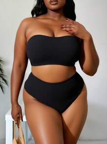 Slaydiva Summer Beach Plus Size Solid Bandeau Bikini Set - Black - View 4