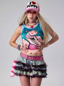 ROMWE J-Fashion Y2K风格浅洗低腰多层牛仔蛋糕裙 - 藍色 - 查看 8