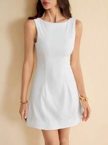 SHEIN Tall 女士夏季纯色前拉链休闲百搭毛衣裙白色连衣裙，女士夏季连衣裙，茶会礼服，白色毕业礼服，商务休闲女装 - 白色 - 查看 7