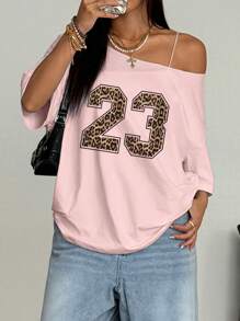 Flirla Plus Size Women Leopard Print Number 23 Loose Oblique Shoulder Plus Size T-Shirt