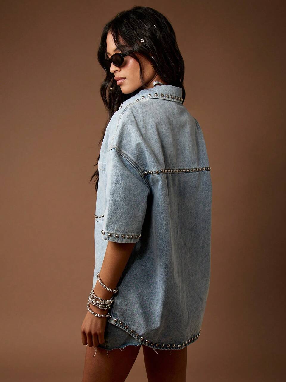 MISSGUIDED Western Studded Oversized Denim Shirt Button Down Festival Grunge Y2K Street Style Boyfriend Fit Jacket