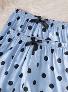 Valentine's 4pcs/Set Girls Solid Pink & Black Dot Print Tee, Leggings, Camisole Casual Homewear Set - Blue - View 5