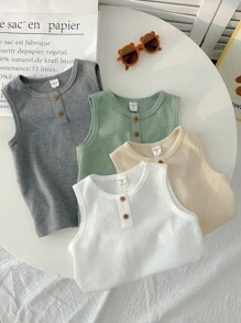 Set de 4 piezas para niños pequeños con top y camisa sin mangas con botones delanteros decorativos y de unicolor cómodo y versátil