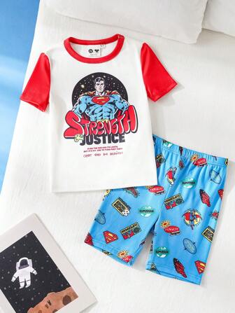 SUPERMAN X SHEIN Jeune garçon Ensemble pyjama avec t-shirt à manches courtes graphique blocs de couleurs et shorts ajustés