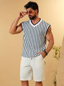 Manfinity Nomadique Chaleco sin mangas de hombre casual con textura hueca y unicolor de moda con cuello redondo, adecuado para vacaciones, regalo para el novio