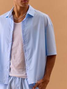 Musero Paint Splatter Short Sleeve Shirt Spring, Summer, Holiday, Vacation - Baby Blue - View 2