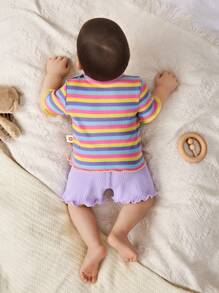 Cozy Pixies 2 pezzi Set neonata con body a maniche corte a costine con motivo a righe colorate e floreale e pantaloncini elasticizzati in vita di colore unito