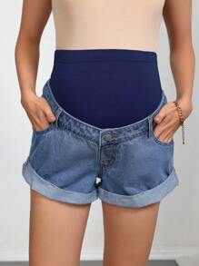 SHEIN Maternity Solid Color Pocketed Casual Versatile Denim Shorts, Summer - Medium Wash - View 6