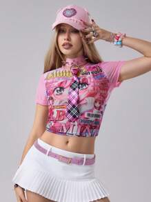 ROMWE Spring/Summer Women's Sexy Sheer Anime Character Graphic Tight Fit Short Sleeve Top - Pink - View 4