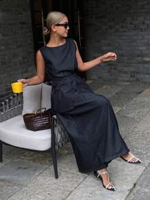 DAZY 女式休闲圆领无袖束腰背心和宽松长裙两件套，中性牛仔夏季服装 - 深色水洗藍 - 查看 3