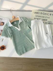2pcs Set Young Boys Mint Green Textured Soft Fabric High Stretch Contrast Polo Collar Pullover Top And White Casual Pants, Versatile For School, Travel, Vacation, All-Match Matching