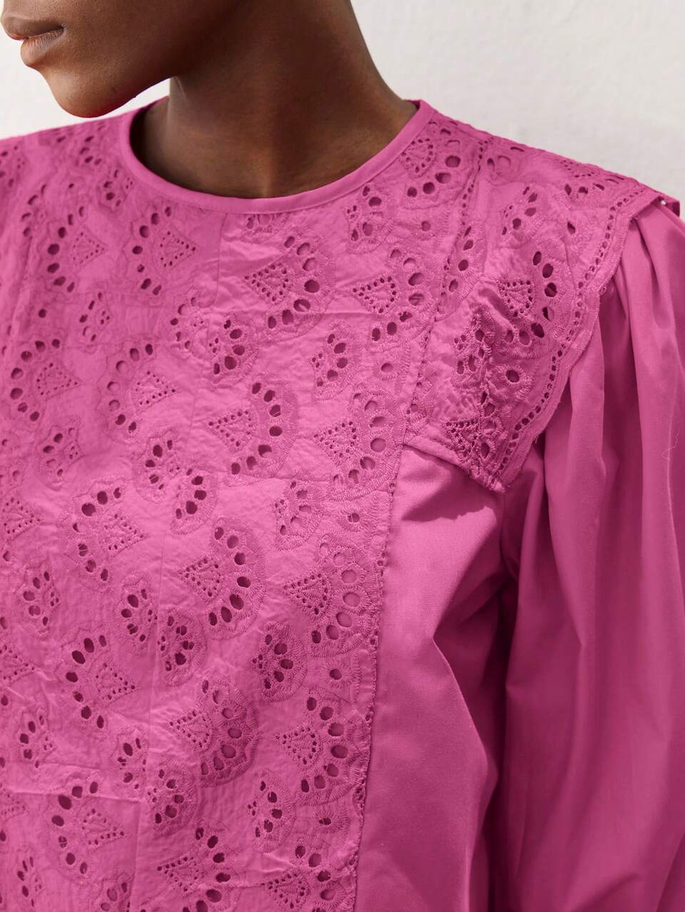 SHEIN Maija Women's Rose Pink Magenta Blouse,Elegant Round Neck Hollow Embroidery Patchwork Top,Casual Loose Summer Resort Style,Brunch Office Beach Wear