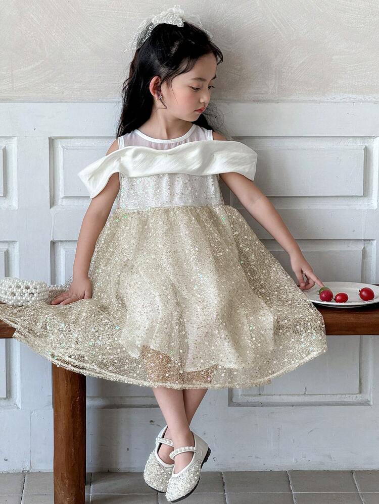 Young Girls Round Neck Tulle Puff Off Shoulder Birthday Party Dress,Girls Summer Outfits