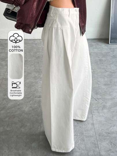 DAZY 女式纯色宽松褶饰拼接阔腿休闲白色百搭裤，适合所有季节秋季