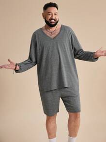 EASEVO Plus Size Men's V-Neck Long Sleeve Casual Loose Oversized T-Shirt And Shorts Set Summer Outfit - Grey - View 4