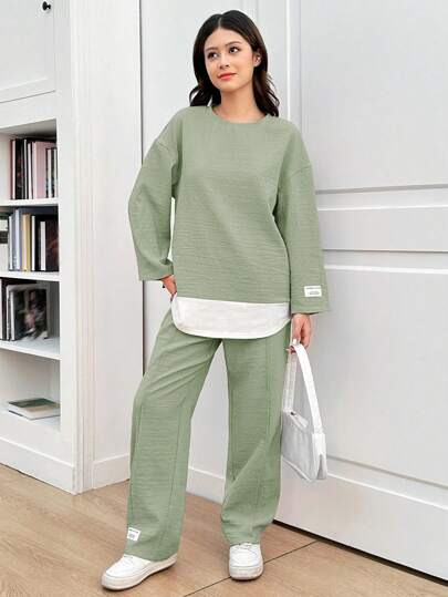 SHEIN Teen Girl Gren, Leisure Travel, Spring And Summer, Holidays, Homecoming,Casual Knit Patchwork, Woven Mark,Round Neck Long Sleeve Top Set,Back To School Two Piece Lounge Set Casual Pants Set
