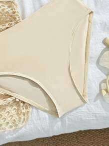 SHEIN Tween Girl' Fashionable Shell Print Brown Bikini Set With Ruched Beach Coverup, Suitable For Beach Holiday - Apricot - View 3