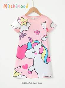 Young Girls Unicorn Print Nightgown, Made Of Soft, Smooth And Comfortable Fabric, Suitable For Casual Everyday Wear. The Overall Design Is Vibrant And Joyful, Appealing To Children With Its Playful And Kid-Friendly Theme. The Image Is Clear And Detailed, With A Colorful, Modern And Diverse Artistic Style. - Pink - View 4