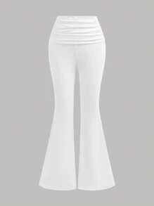 SHEIN Tween Girls Casual Basic Ribbed High Waist Ruched Slim Flared Pants, Back To School - White - View 2