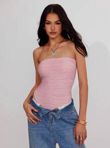 Roylia Women's Spring/Summer Vacation Textured Knit Vertical Striped Elastic Figure-Hugging Bodysuit - Pink - View 6