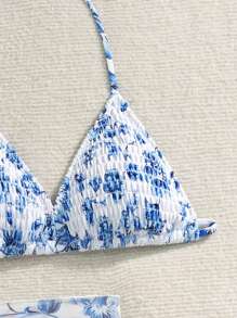 SHEIN 3pcs/Set Girls' Oversized Swimsuit With Floral Pattern And Mesh Shawl & Skirt - Blue - View 4