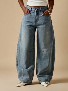 MISSGUIDED Wide Leg Barrel Jeans Y2K Style Vintage Relaxed Fit High Waisted Denim Pants Autumn Winter Fashion Statement Pants Casual Streetwear - Blue - View 1