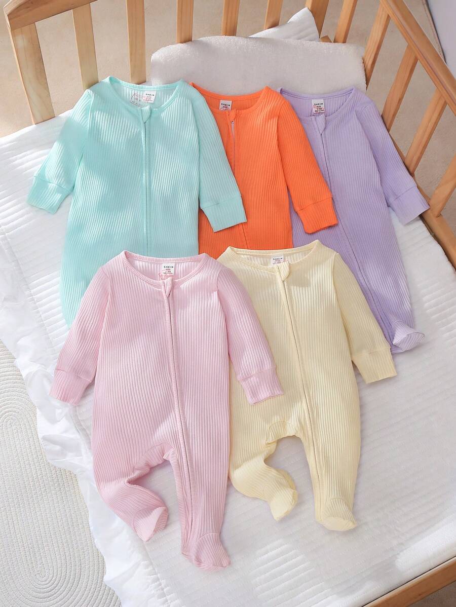 5pcs Newborn Baby Candy Color Solid Cotton Soft Comfortable Long Sleeve Zipper Jumpsuit Homewear Set Newborn Zipper Pajamas Baby Girl Clothes Zipper Fall Winter