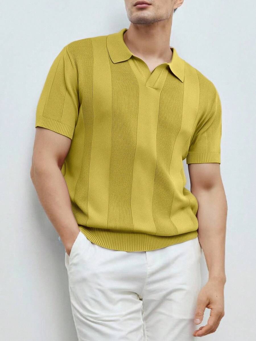 Manfinity Homme 男士夏季纯色短袖休闲宽松针织上衣 - 芥末黃 - 查看 1