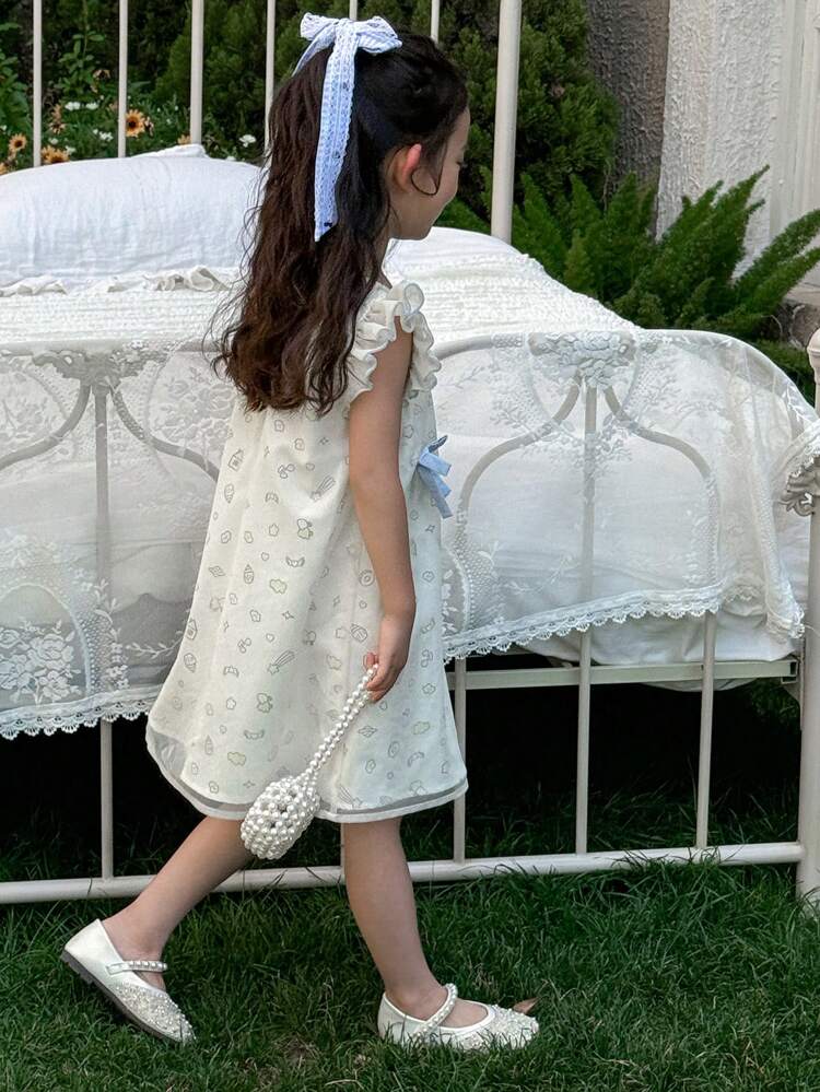 Young Girls Cartoon Allover Print Bow Decorated Cap Sleeve Sweet Midi Dress, Summer