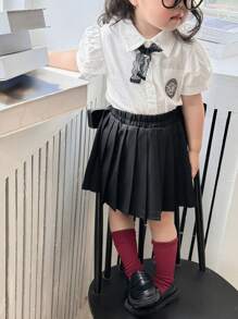 DAZY 女嬰夏季彼得潘領蝴蝶結泡泡袖上衣與純色百褶裙2件套幼兒裝 - 黑色 - 查看 7