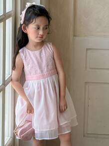 DAZY (Pequeno) Vestido de Festa de Aniversário Mid-Length Tulle com Gola Redonda e Floral, para Verão
