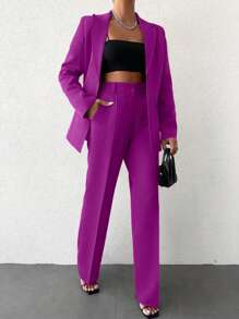 EURMUSE Single-color Lapel Collar Suit Set - Purple - View 4