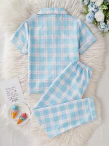 Set de 2 piezas de ropa informal para niñas preadolescentes: Cárdigan holgado de manga corta con bolsillo, estampado a cuadros y bordado de dibujos animados, y pantalones largos cómodos - Multicolor - Ver 2