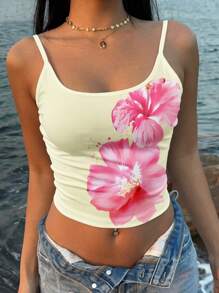 SHEIN EZwear Top de tirantes finos estampado con estilo retro vacacional, estampado tropical de color amarillo crema y floral, adecuado para verano y playa - Multicolor - Ver 6