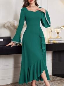 Modelyn Women's Long Bell Sleeve Asymmetrical Ruffle Hem Dress, Suitable For Spring/Summer - Dark Green - View 3