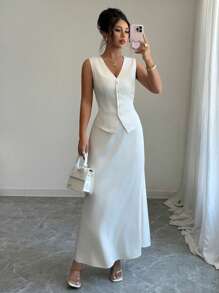 Elenzga 优雅别致的醋酸纤维两件套 - 无袖背心和迷你裙，时尚修身的女士夏季服装