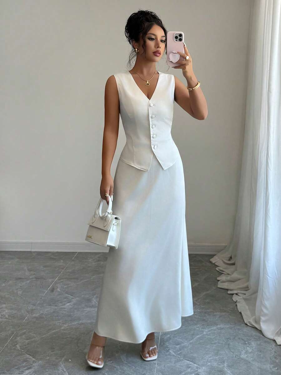 Elenzga 优雅别致的醋酸纤维两件套 - 无袖背心和迷你裙，时尚修身的女士夏季服装