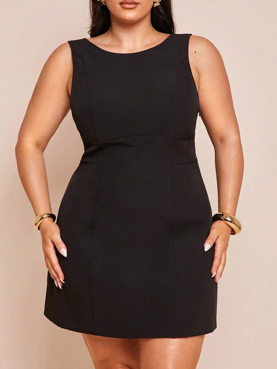 SHEIN BAE Robe élégante et simple sans manches noire unie, coupe près du corps, dos nu avec nœud à l'ourlet, robe trapèze. Robe noire, robe pour rendez-vous de la Saint-Valentin, robe de demoiselle d'honneur de mariage, petite robe noire chic, robe pour le 4 juillet pour femmes rondes, tenue de plage pour femme, tenue d'aéroport pour femme, robe pour invitée de mariage, tenues d'été pour femme, tenues de vacances, robe de remise des diplômes, tenues de festival pour femme - Noir - Voir 1