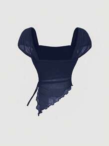 SHEIN MOD 海军蓝可爱系带女式 T 恤，休闲外套上衣 - 藏蓝色 - 查看 2