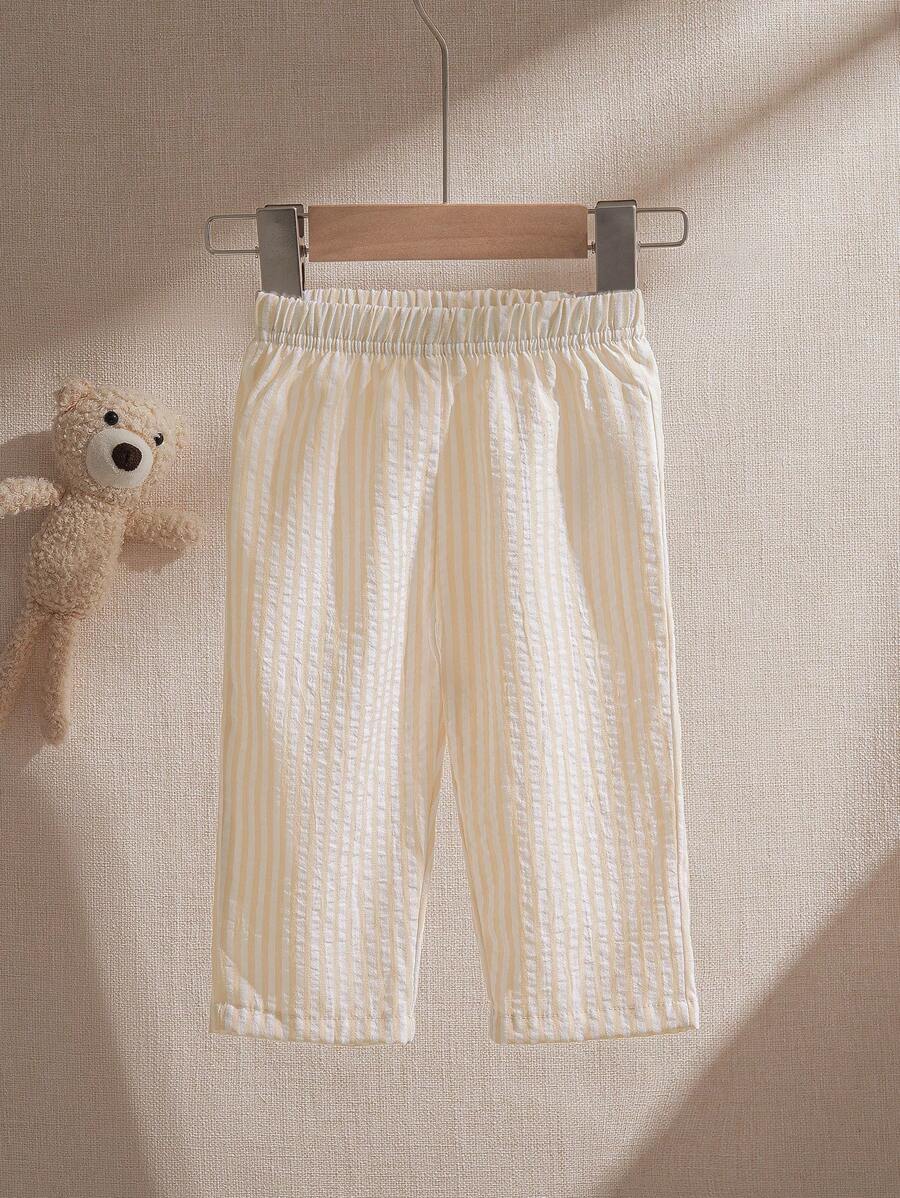 SHEIN سروال كتان مخطط للأطفال الرضع من الولدان في فصلي الربيع والصيف، بنطلون طويل مناسب لخروجات يومية، التناسق، العطلات، الجامعة