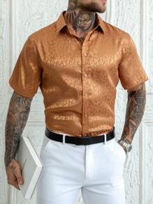 Manfinity AFTRDRK Men's Short Sleeve Jacquard Dress Shirt, Silk-Like Texture Men Cheetah Shirt Men S Cheetah Shirt Apricot Shirt For Men Men S Apricot Shirt Animal Print Men Shirt