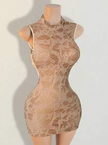 BamGleam Vestido mini ajustado sin mangas con espalda con cordones sexy para mujeres - Caqui - Ver 4