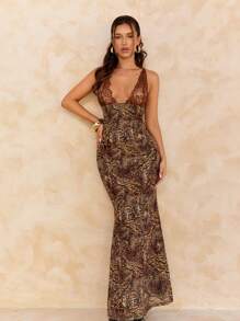 SHEIN SXY 秋季女装；女式蕾丝拼布露背长款露背连衣裙，适合秋冬季分层穿着、鸡尾酒会、浪漫约会、正式聚会、伴娘礼服、夜间外出；节日派对礼服；豹纹裙；美人鱼裙 - 棕色 - 查看 5